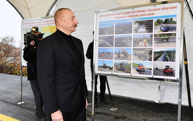 İlham Əliyev Oğuz-Şəki yolunun yenidənqurmadan sonra açılışında iştirak etdi- YENİLƏNDİ