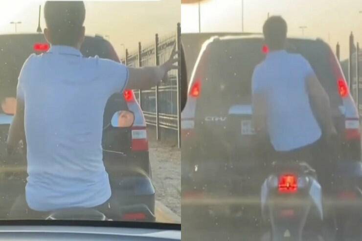 Bakıda motosikletçi oynaya-oynaya \"cip\"ə çırpıldı - VİDEO