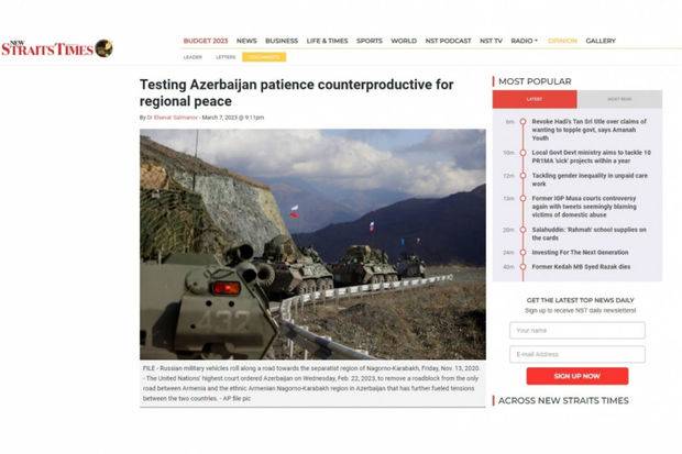 “Azərbaycanın səbrini sınamaq regional sülh üçün səmərəli deyil” - “New Straits Times”: