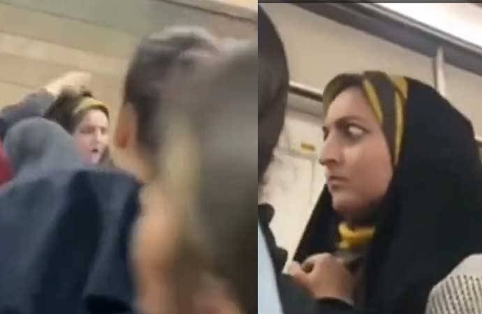 İran metrosunda əxlaq polisi qadınlar tərəfindən çölə atıldı - VİDEO