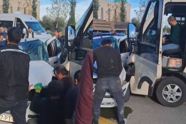 Sumqayıtda avtobus minik avtomobili ilə toqquşdu - VİDEO