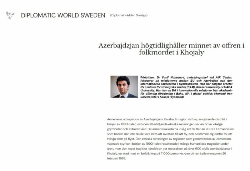 İsveç nəşrində Xocalıdan bəhs edildi 