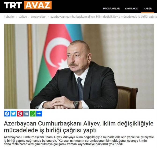\"Prezident İlham Əliyev beynəlxalq ictimaiyyəti iqlim dəyişmələri ilə mübarizədə əməkdaşlığa çağırdı\" - Türkiyə mətbuatı