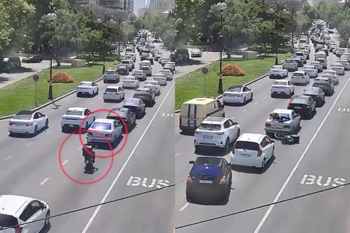 Bakıda moped sürücüsü \"Mercedes\"in üstünə çıxdı - ANBAAN VİDEO