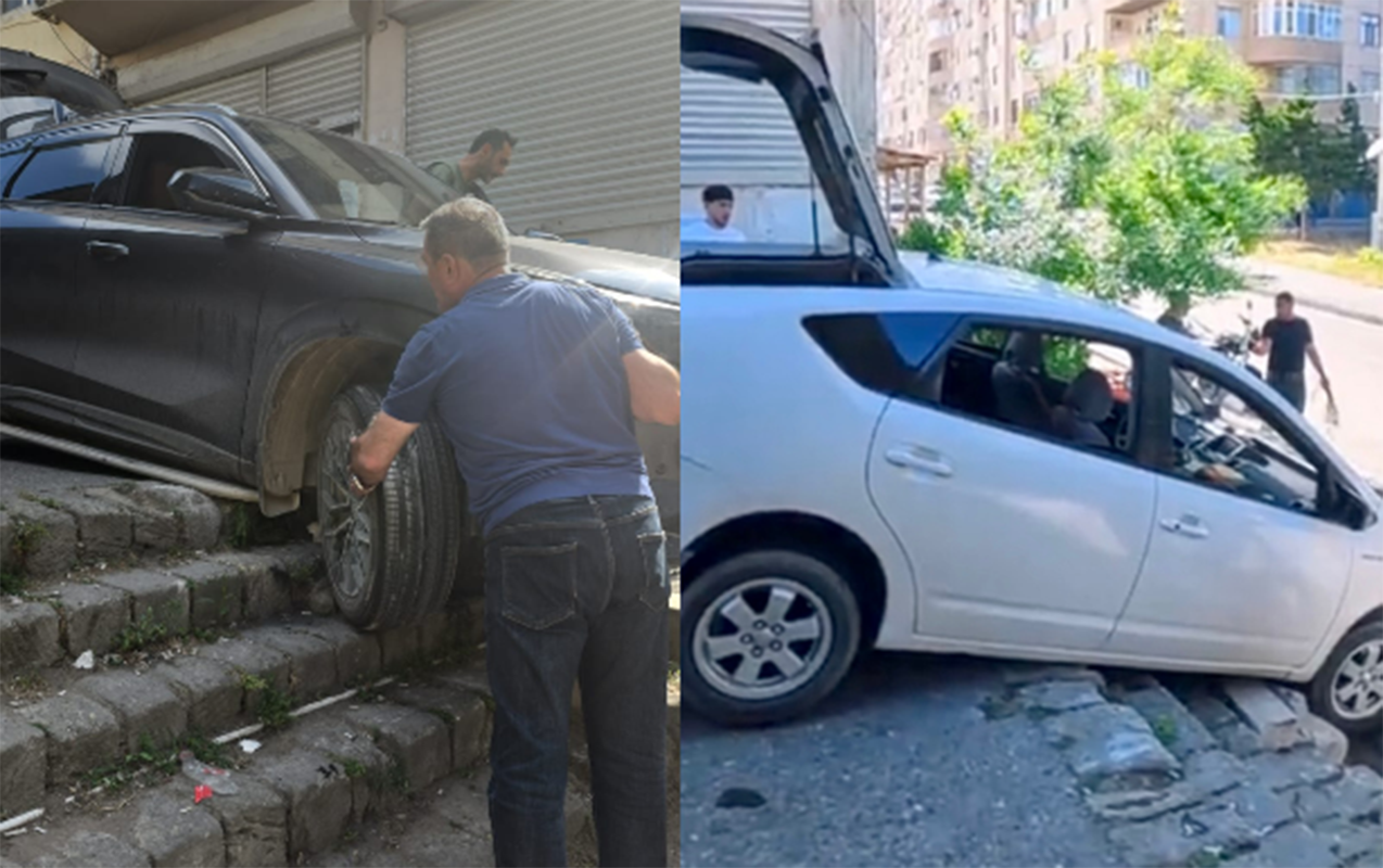 2 avtomobil pilləkəndə ilişib qaldı - VİDEO