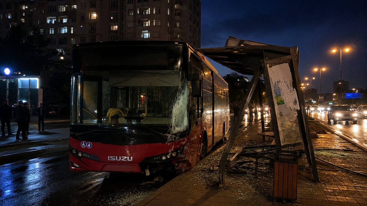 Bakıda sərnişin avtobusu dayanacağa çırpıldı - VİDEO