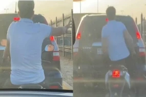 Bakıda motosikletçi oynaya-oynaya \"cip\"ə çırpıldı - VİDEO