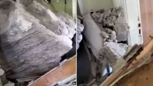 Zəlzələdə dağdan qopan qaya parçası evi dağıtdı - FOTO