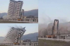 Türkiyədə 11 mərtəbəli binanı kəndirlə dartaraq uçurdular - VİDEO