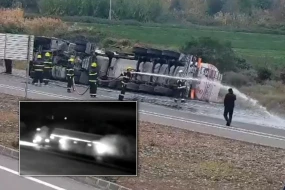 Bakı-Qazax yolunda yük maşını aşdı - Yanğın oldu