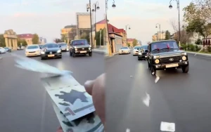 Toy karvanında “avtoş”luq edib yola pul səpdilər - VİDEO