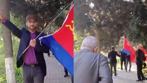 Parkda SSRİ bayrağı qaldırdılar: ÇAĞIRIŞ EDİLDİ - ŞOK GÖRÜNTÜLƏR (VİDEO)