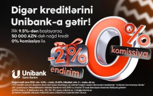 Unibank 0 % komissiyalı və 2 % endirimli kredit kampaniyası keçirir