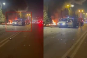 Sumqayıtda 2 maşın toqquşdu: “Prius” yandı - VİDEO